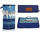13 Piece Stainless Steel Family Cutlery Picnic Utensil Set with Travel Case for Camping | Hiking | BBQs - Includes Forks | Spoons | Knifes | Chopstick, Plus Nylon Commuter Case - Blue