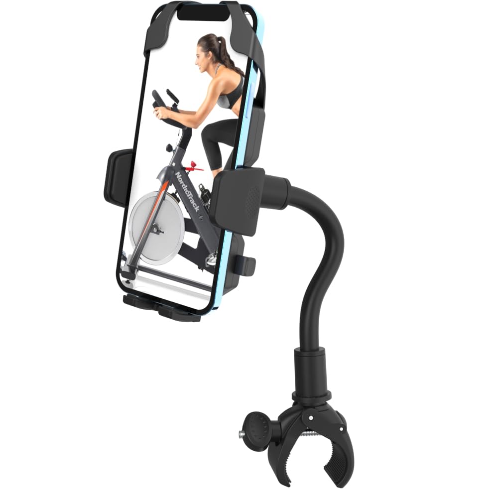 Photo 1 of Cuxwill Phone Holder Bike Mount for Peloton Treadmill - Universal Goosencek Holder Fit Spin Bike, Indoor Exercise Bicycle, Mic Stand, Scooter, Stroller, Wheelchair - Fit All 4-7" Cell Phones & iPhone