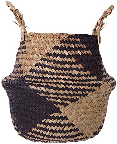Qlan Foldable Storage Basket, Wicker Straw Basket Flower Pot Planter Laundry Basket