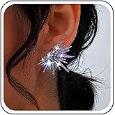 TseanYi Crystal Starburst Dangle Earrings Silver CZ Northstar Earrings Rhinestone Star Exaggerated Earrings Sparkly Pave Rhinestone Star Drop Earrings Jewelry for Women