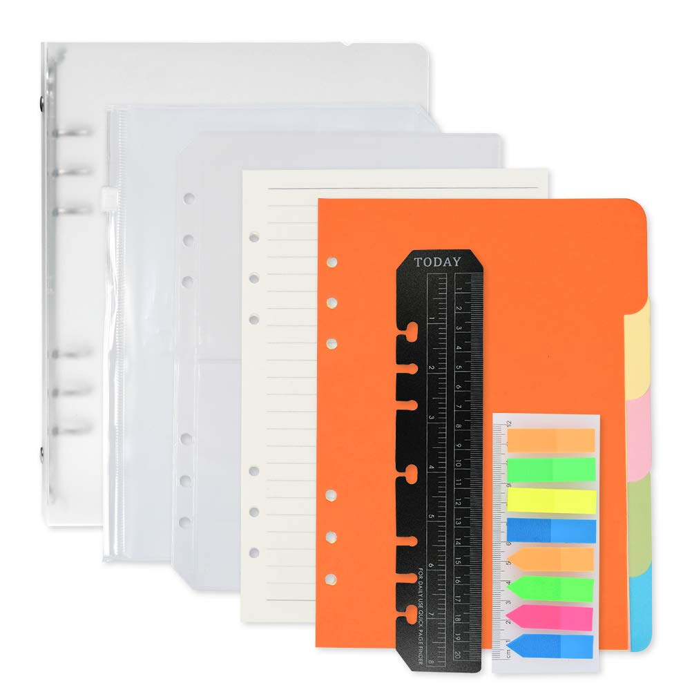FOCCTS A5 6-Hole Refillable Notebook Accessories Set, Including 135 A5 Refill Papers Lined + 25 Note Tabs (8 Colors) + 5 dividers + 1 A5 Cover + 1 Zipper Pocket + 1 Bookmark Ruler + 1 Receipt Bag
