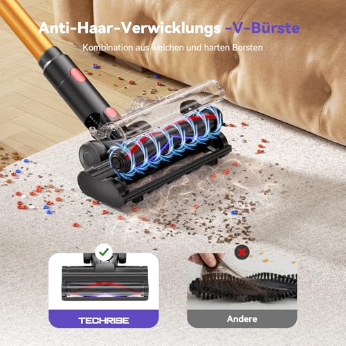 TechRise Battery Vacuum Cleaner 45000Pa/500W/60Min, Anti-Tangle Brush & 8-in-1 Function (Self-Standing) Vacuum Cleaner Wireless with Display, Handle Vacuum Cleaner for Home, Pet Hair/Carpets/Hard