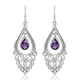 925 Sterling Silver Bali Filigree Chandelier Design w/ Purple Amethyst Dangle Earrings