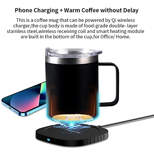 Smart Heated Coffee Mug for Office/Travel/Home, Coffee Mug Warmer with Wireless Charging, Constant Temperature, Double Vacuum Insulation, Gift for Winter & Coffee Drinker (Black)
