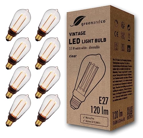 greenandco 8x dimmbare Vintage Design LED Birne zur Stimmungsbeleuchtung | E27 ST64 | klar | 3,5W 120lm | 1800K extra warmweiß | 320° | 230V | flimmer