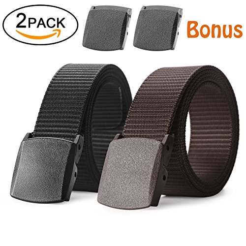 JASGOOD 2 Pack Nylon Web Belt Outdoor Military Men’s Metal Free Belt with TSA Plastic Buckle, E-Black+Coffee - Thumbnail 7