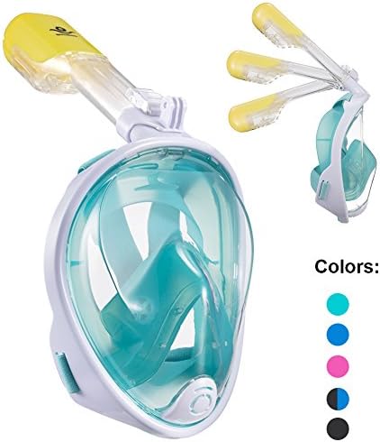 Full Face Snorkel Mask 180° Panoramic View Snorkeling Diving Mask Goggle Anti-Leak Anti-Fog Easy Breathing with Adjustable Head Straps for Adults Youth Kids (Foldable-White+Green, Small/Medium)