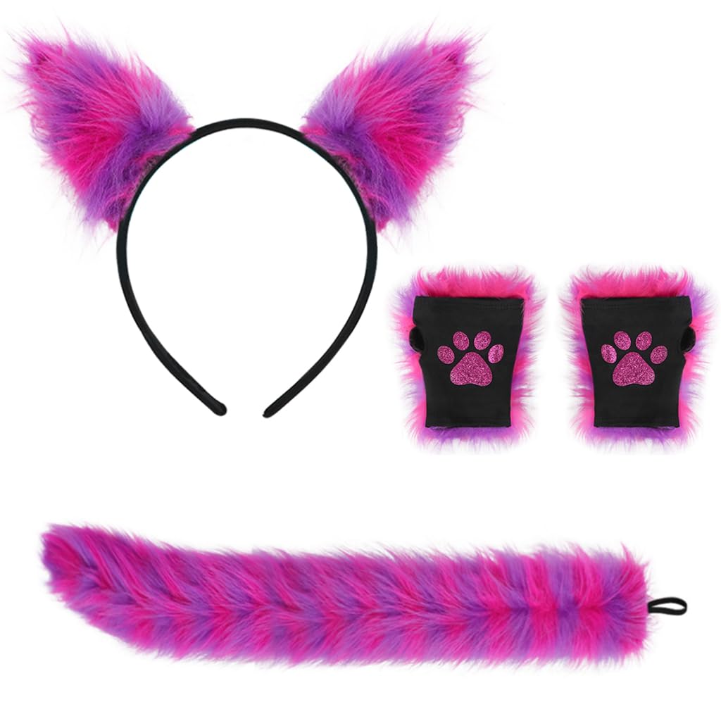 Cat Fox Ears Tail Paws Gloves Set Adult Women Cute Faux Fur Fox Headband Tail Claw Gloves Suit Cat Cosplay Fancy Dress Up Halloween Party Role Play Costume Accessories