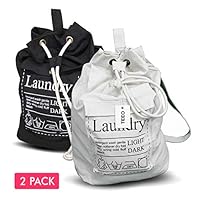 Teeo [2-Pack] Laundry Bag Backpack Large Spacious 25"X20" Drawstring 100% Sturdy Cotton Canvas with Strap for College Students Dorm Room Clothes Hamper Storage Washer Organizer (1, Black/White)