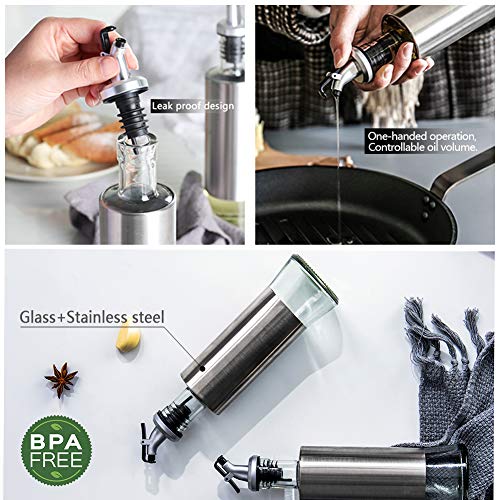 Oil and Vinegar Dispenser Set, Glass Olive Oil Vinegar Bottle Set with Stainless Steel Shell, 2-Pack 10.3 Oz[300ml] Oil & Vinegar Cruets with Drip-Free Pourers and Funnel for Easy Pouring
