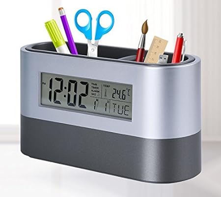 Tuelip Plastic Digital Snooze Alarm Shelf Clock with Pen Holder (10 cm x 8 cm x 8 cm, Black)