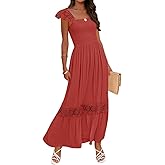 ZESICA Women's 2026 Summer Lace Strap Sleeveless Square Neck Smocked High Waist Ruffle Hollow Out Flowy A Line Maxi Dress