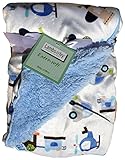 Lambs & Ivy, Baby Boy Blankets, Warm and Cozy, Extra Soft Micro Plush Fleece Blanket, Anti-Pilling, Embroidery on Corner, Transportation Theme on a Blue Sherpa, 30 x 40 in
