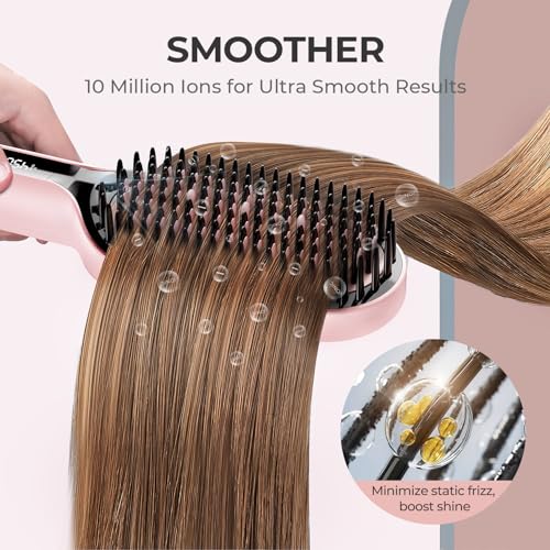 TYMO Ionic Plus Hair Straightener Brush UK, Upgraded Straightening Brush with Dense Bristles for Thick Hair, 16 Temps (80℃~230℃) LED Display, 10 Million ions, Dual Voltage, Hot Comb for Women (Pink)