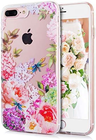 TRENSOM iPhone 8 Plus iPhone 7 Plus Cute Flowers Floral Pink Rose Pattern Clear IMD Hybrid Hard TPU Shockproof Phone Cases for Women Girls-[5.5"]