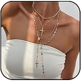 4PCS Layered Gold Cross Necklaces for Women Multi Strand Colorful Rosary Necklace Set Trendy Bohemian Bead Pearl Y Long Pendant Necklace Adjustable Gold Stack Necklace Jewelry Accessory