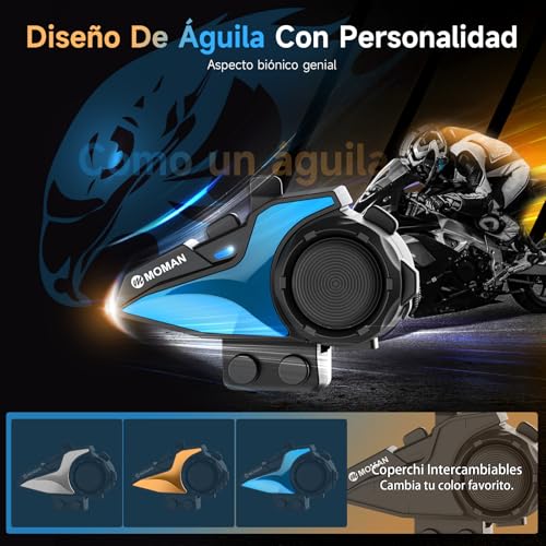 Moman Motorcycle Intercom, H2E Eagle Pair Helmet Headset with Double Chip for Multitasking Audio Headphones for Helmets Distance 1 Km Communication System HiFi/Music Sharing/FM/Voice AI Interphone
