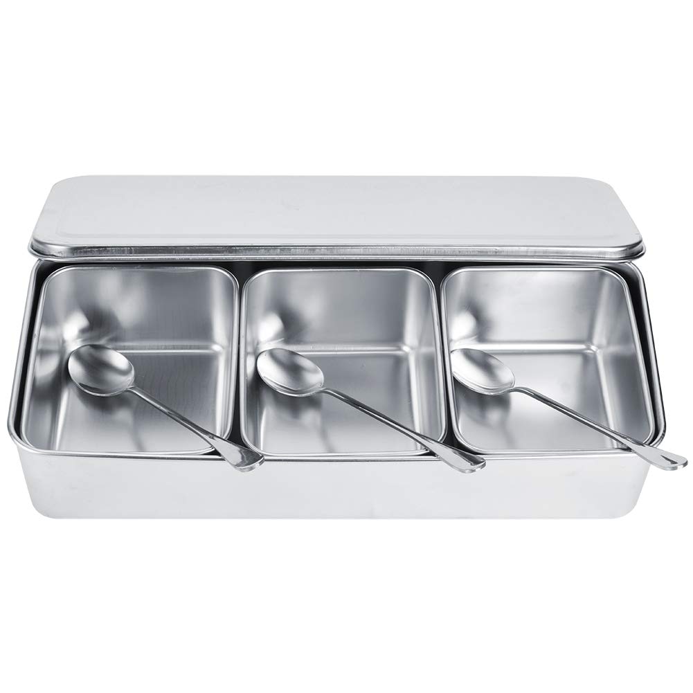3 Grids Stainless Steel Seasoning Box Condiment Storage Containers Spice Jar Kitchen Container Set with Spoons Kitchen Utensils