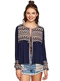 Milumia Women's Embroidered Yoke and Cuff Coin Fringe Trim Blouse