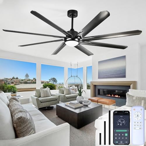 XSXUDODP Ceiling Fans 185 cm with Light, Outdoor White Ceiling Fan with Lighting and Remote Control, 8 Aluminum Blades, 6 Speed, Reversible DC Motor, Black