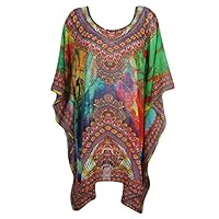 Mogul Women's Sensual Flowy Rhinestone V Neck Short Caftan Dress / Cover Up
