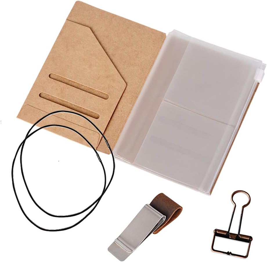 Passport Size Travelers Notebook Accessories Kit - Kraft File Folder, Zipper Case, Pen Holder, Binder Clip and 2 Elastic Bands