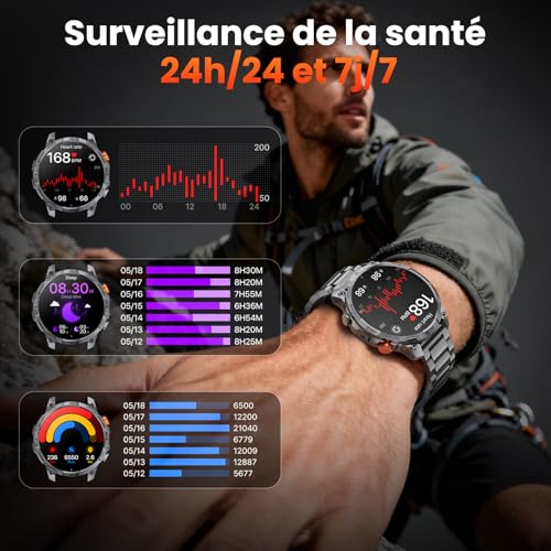 Haulvean Militaire Montre Connectée Homme, 1000mAh Batterie Smartwatch, Deux Bracelets, 1.75" HD Grand Écran, Lampe LED, 100＋Modes Sportifs, Surveillance Santé, Appel Bluetooth pour iOS Android（Noir）