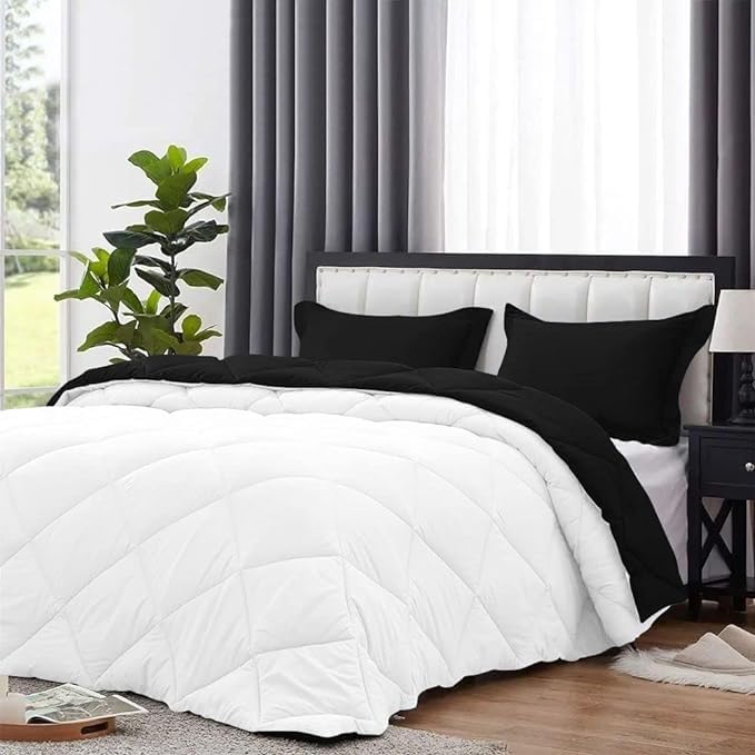 Photo 1 of **PHOTO FOR ITEM REFERENCE EXACT SIZE UNKNOWN ** White/Black Full Comforter Set - with 4 Corner Tabs 100% Cotton with 500 GSM Fill 3 Pieces Solid Reversible Comforter Set - 1 Comforter (90'' x 90'') and 2 Pillow Sham(20"x26")