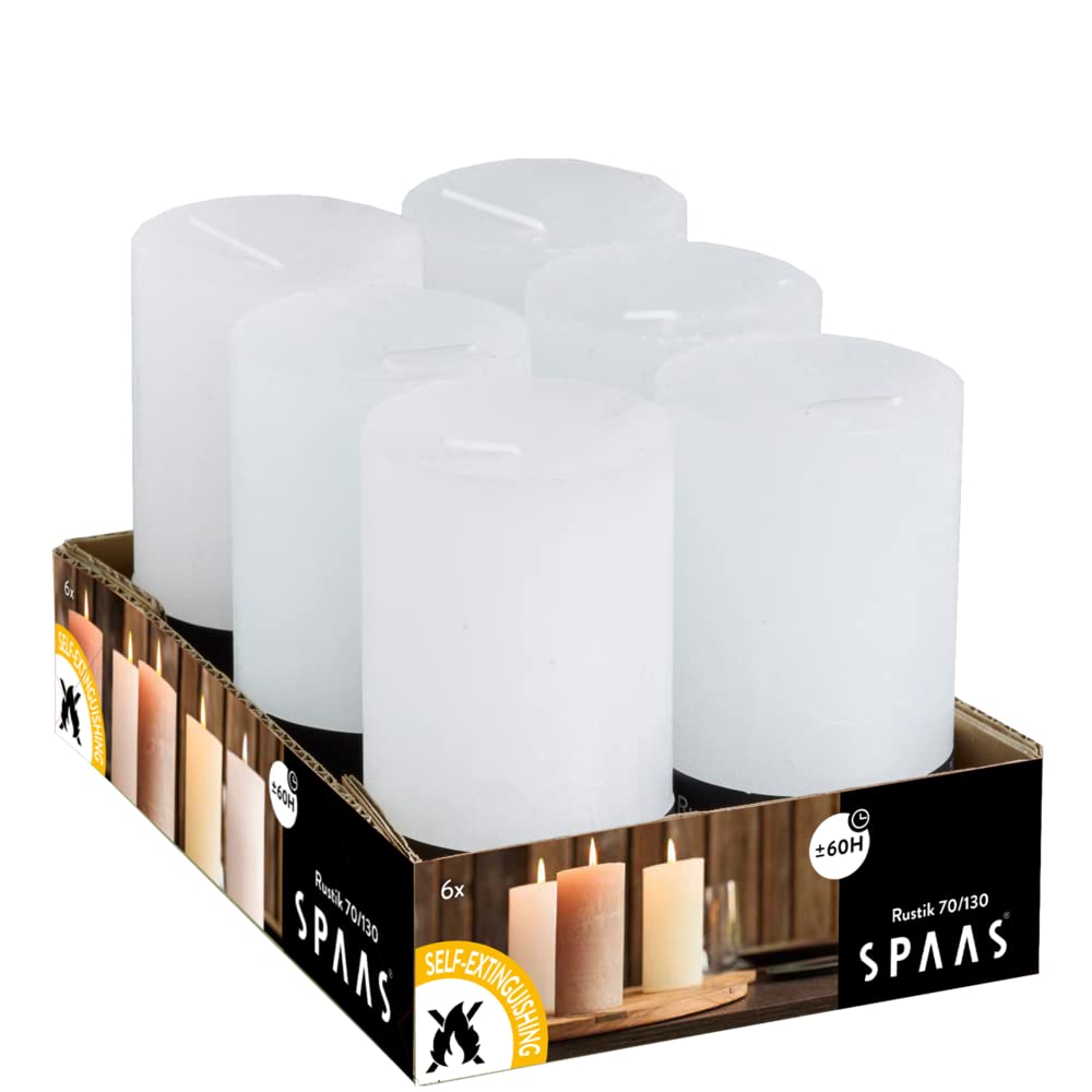 Spaas 6 Rustic Unscented Rustic Pillar Candles 70/130 mm, 60 Hours, White