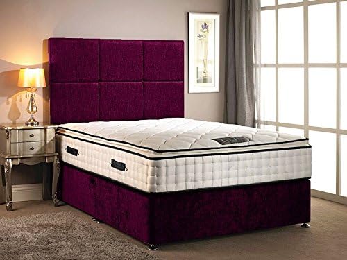 Somnior Beds Divan Bed in chenille fabric with High Pillow top 30cm Deep mattress with headboard in different size variation (Aubergine, 6FT SUPER KING)