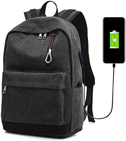 Large Capacity Backpack Canvas Notebook Bag Shoulder Book Bags with USB Charge Port for men&amp;women (black)