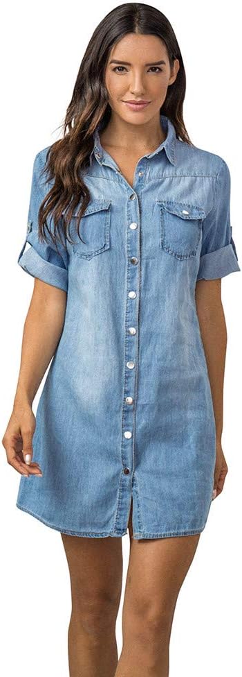 iLUGU Mature Mini Dress for Women Short Sleeve Round Collar Button Denim Plus Size Korean Ready Dinner Sexy Evening