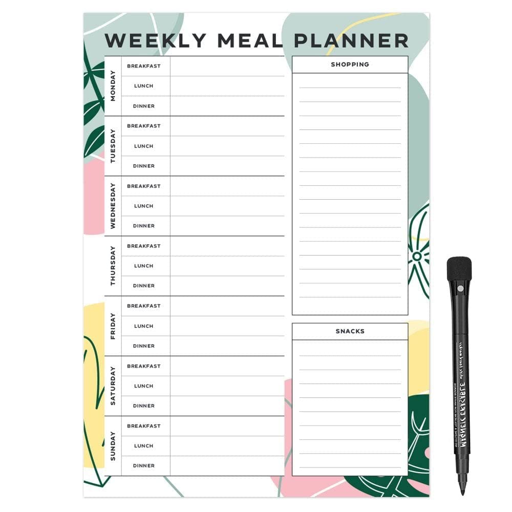 Magnetic A4 Weekly Meal Planner and Shopping List for Fridge, Whiteboard or Office with Dry Erase Jungle Design - Get Organised and Reduce Stress