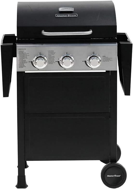 review MASTER COOK Classic Liquid Propane Gas Grill, 3 Bunner with Folding Table, Black