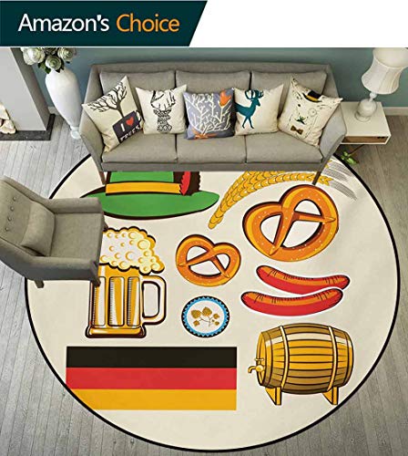 German Modern Machine Washable Round Bath Mat,Oktoberfest Symbols Wheat Sausage Beer and Pretzels Colorful Bavarian Arrangement Non-Slip Living Room Soft Floor Mat,Round-71 Inch