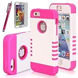Style4U Drop Protection Slim Fit Dual Layer Hard and Soft Hybrid Case for Apple iPhone 5 / iPhone 5S (Verizon, AT&T Sprint, T-mobile, Unlocked) with 1 Stylus and 1 HD Clear Screen Protector (White and Hot Pink)