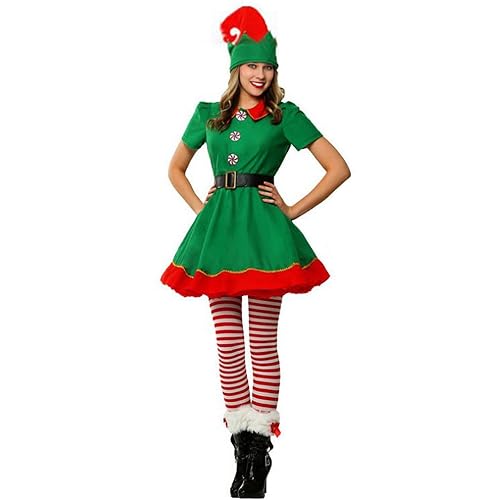 Christmas Elf Costume for Family, Christmas Costume Fancy Dress Short Sleeve Dress Pants over the Kneel Christmas Outfits with Hat Belt and Socks