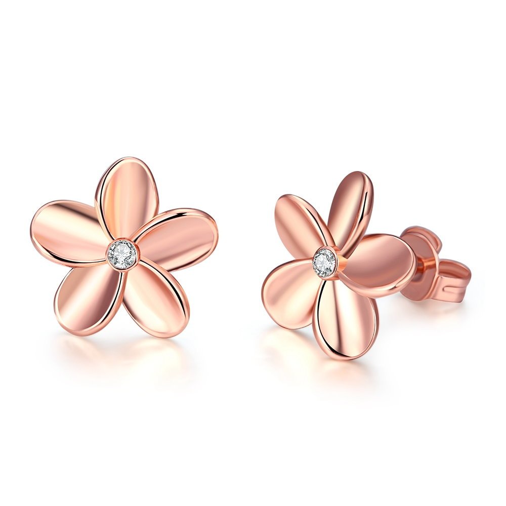 14K Rose Gold Stud Earrings for Women Girls Cubic Zirconia Rhinestone Flower Love Knot Hypoallergenic for Sensitive Ears Set