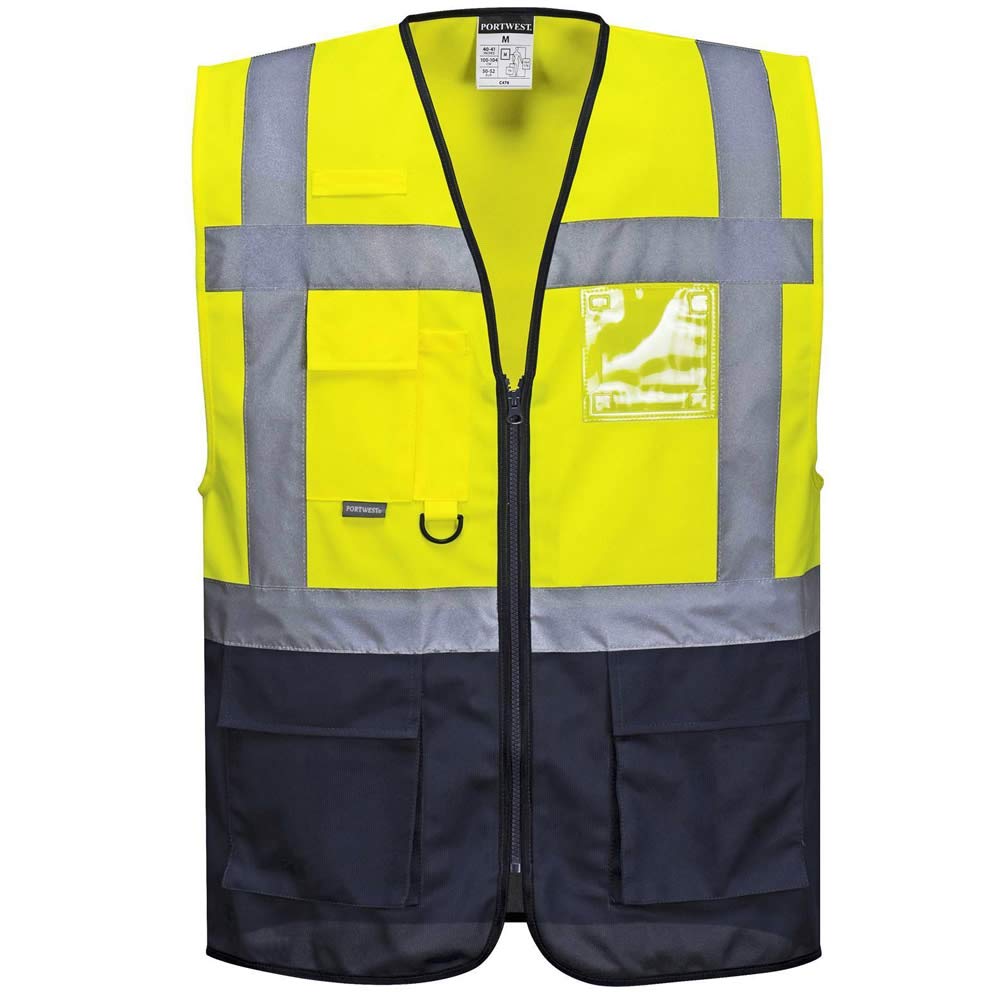 Portwest C476 Warsaw Hi-Vis Contrast Executive Sleeveless Safety Vest with Pockets - Reflective High Viz Outdoor Safety Workwear, Yellow/Navy, XS
