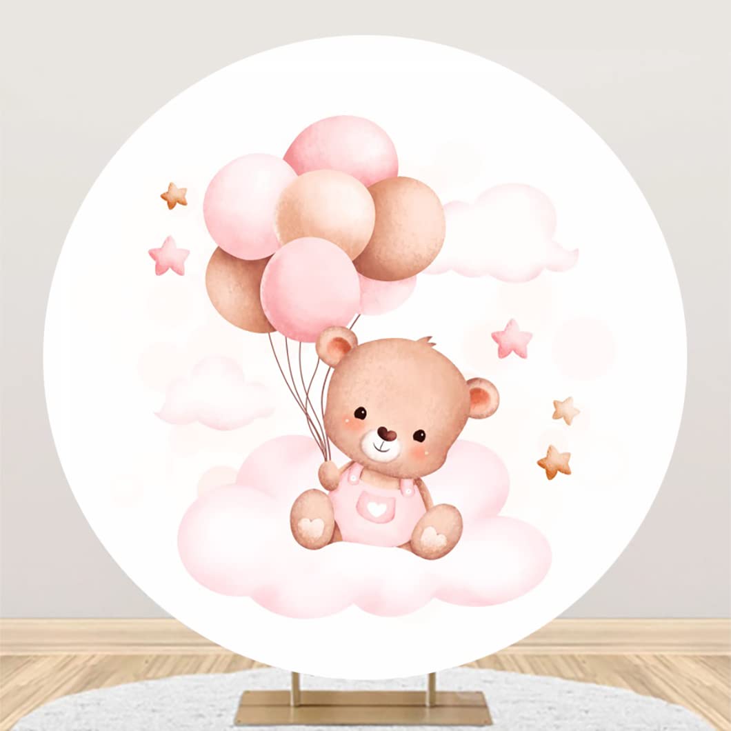 YongFoto 180cm Diameter Round Backdrop for Photography Pink Baby Bear Balloon Background for Baby Shower Party Decor Children Baby Studio Portrait Photoshoot Round Props