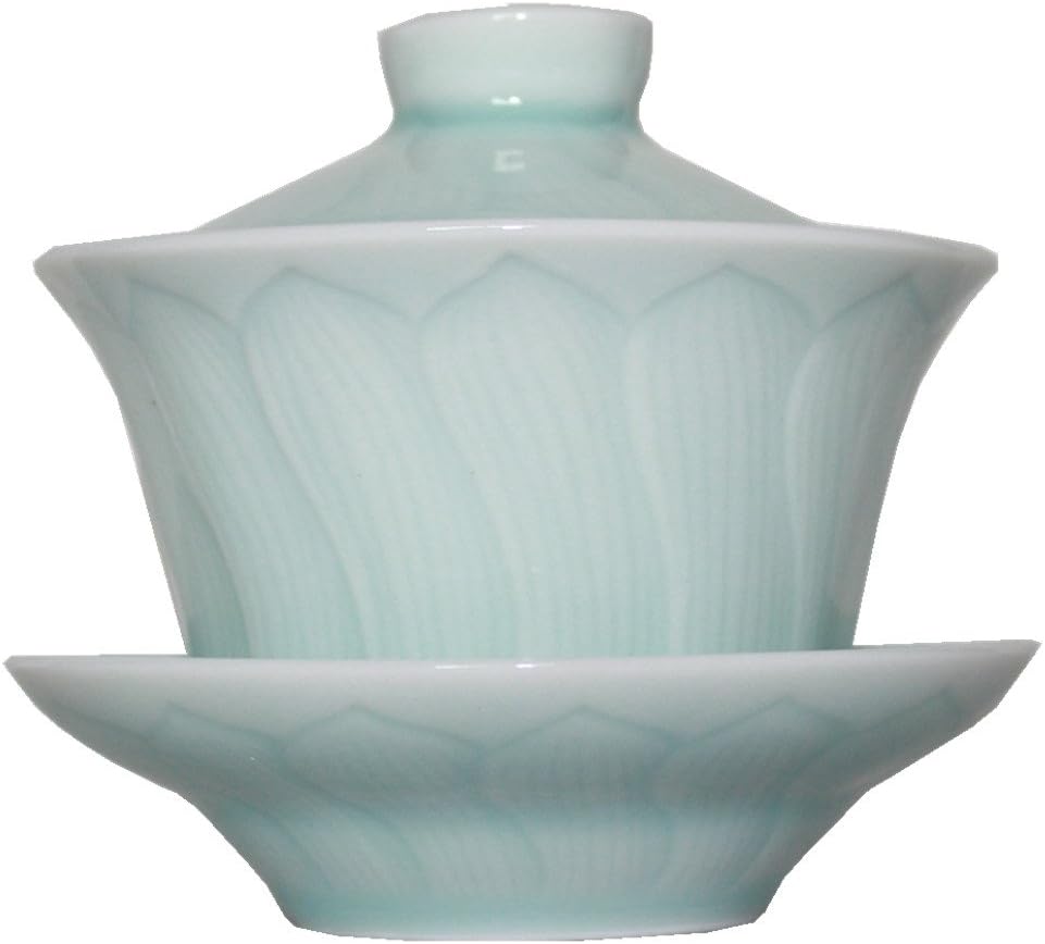 Gaiwan 6.7oz Teacups and Saucer Set Handmade Celadon Green Pottery Power Lotus Leaf(Sky Blue,1)