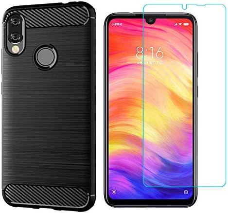 Xiaomi Redmi Note 7/7 Pro case,with Tempered Glass Screen Protector. (2 in 1)[Scratch Resistant Anti-Fall] Fashion Soft TPU Shockproof Case (Black)