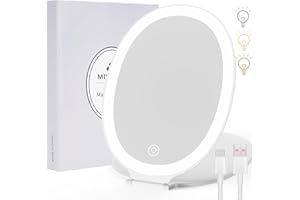 MISERWE Rechargeable Travel Makeup Mirror with Light, Portable Lighted Mirror, 3 Color Lighting, Dimmable Touch Screen, Tabletop LED Folding Vanity Mirror for Travel, Desk, Home, Office