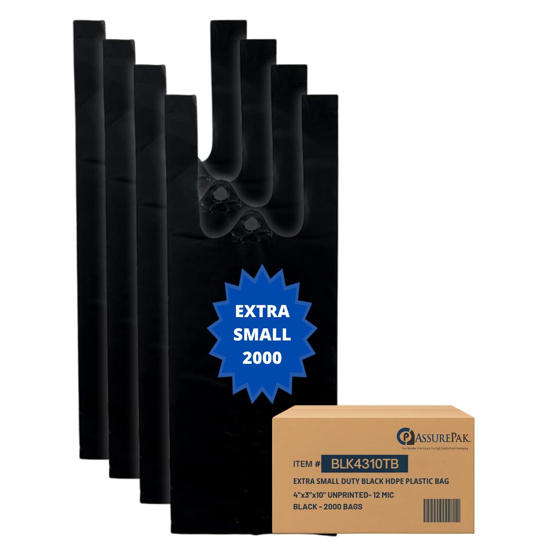 Photo 1 of Extra Small Duty Black Unprinted HDPE Plastic Bags for Retail, Groceries, Merchandise, Convenience Store, Supermarket, Restaurant - 4"x3"x10" - 2000 Bags - 12 microns - Black