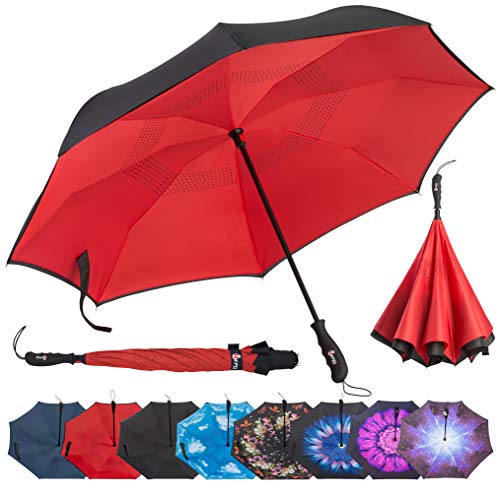 Repel Reverse Folding Inverted Umbrella with 2 Layered Teflon Canopy and Reinforced Fiberglass R ...