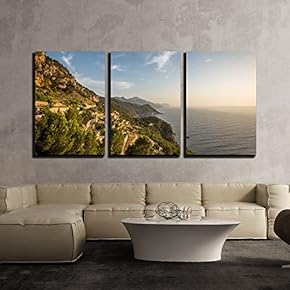 3 Piece Canvas Wall Art - Beautiful Landscape with Mountains and Sea - Modern Home Art Stretched and Framed Ready to Hang - 16"x24"x3 Panels