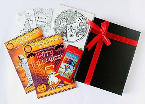 Adult Coloring Gift Set (Halloween) – 2 Coloring Books, Coloring Canvas, Greeting Cards and Color Pencils (12)