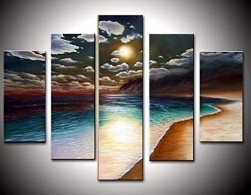 MOKEN LAN Natural Landscape 100% Handmade Oil Paintings Wall Art Moon Rising From the Sea 5 Panels Picture Print on Canvas Modern Home DecorationModern Painting For Room