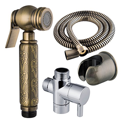 Stainless Steel Self-Cleaning High Pressure Handled Bidet Sprayer/Shataff Set with Flexible Hose and Holder and T-Valve (Chrome) (Vintage Bronze Round) - Thumbnail 6