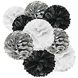 AllyDrew Tissue Paper Pom Poms Hanging Party Decoration, Black, Silver & White, Set of 9